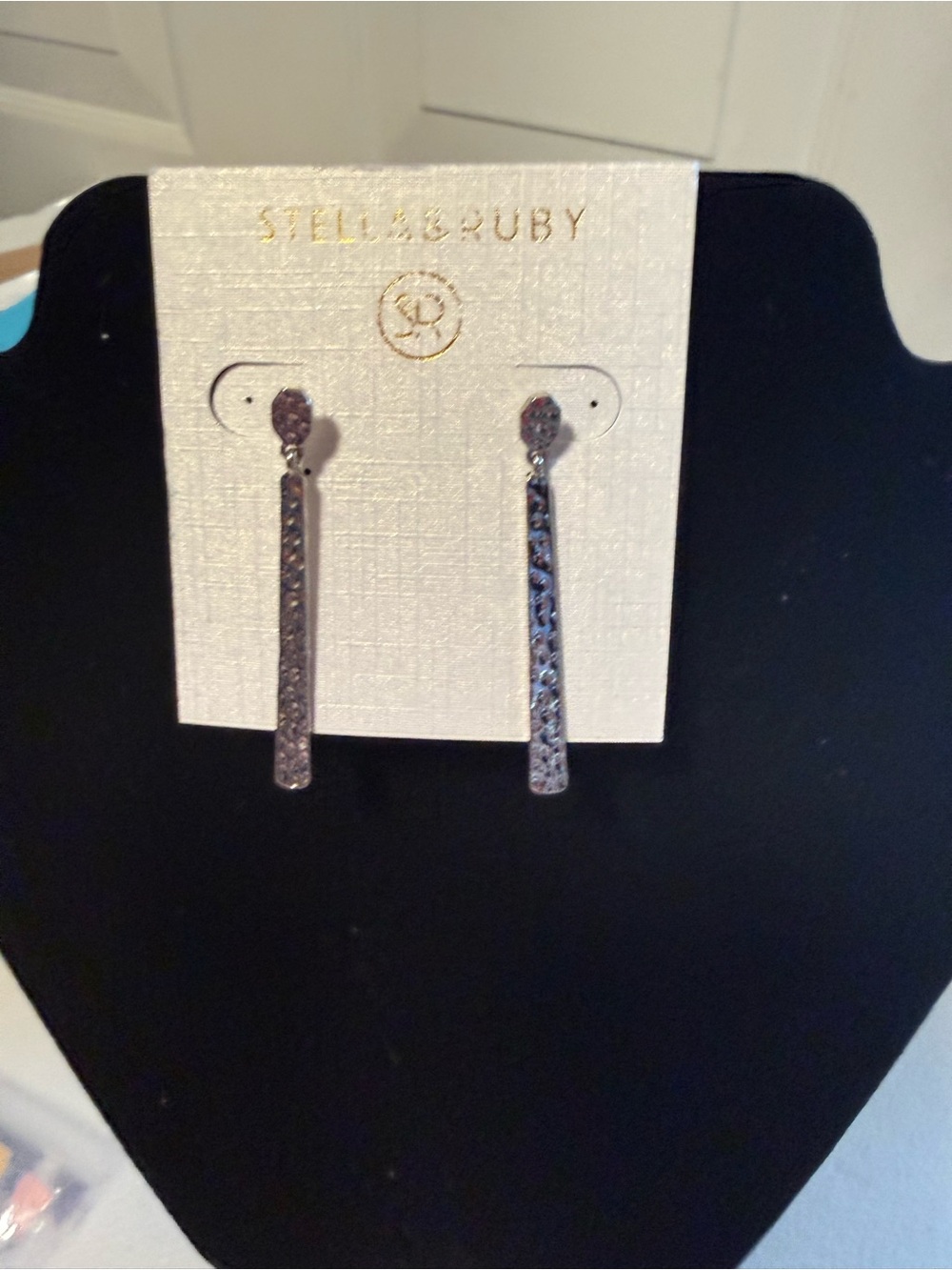 Stella & Ruby Silver-Tone Pave Engraved Bar Drop Earrings - Silver